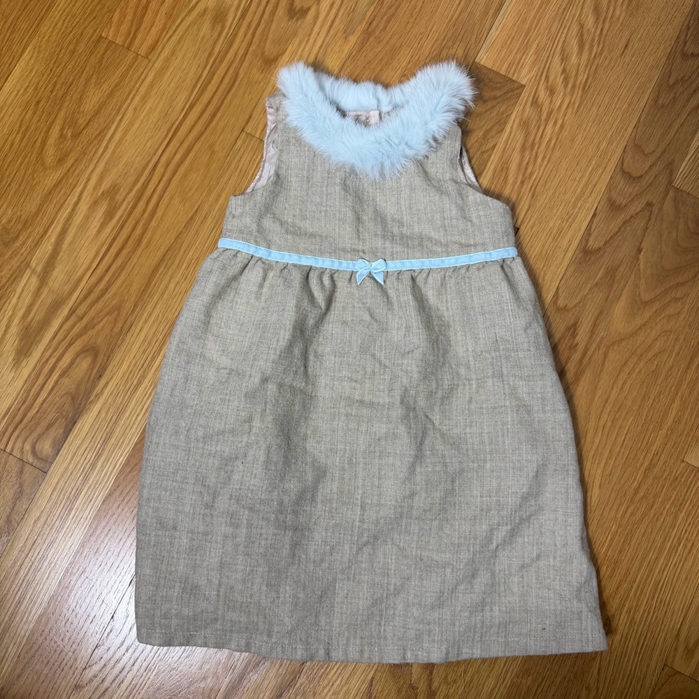 Vintage Wool Dress Woven Tan Faux Fur Trim Collar Baby Girl size 24 months
